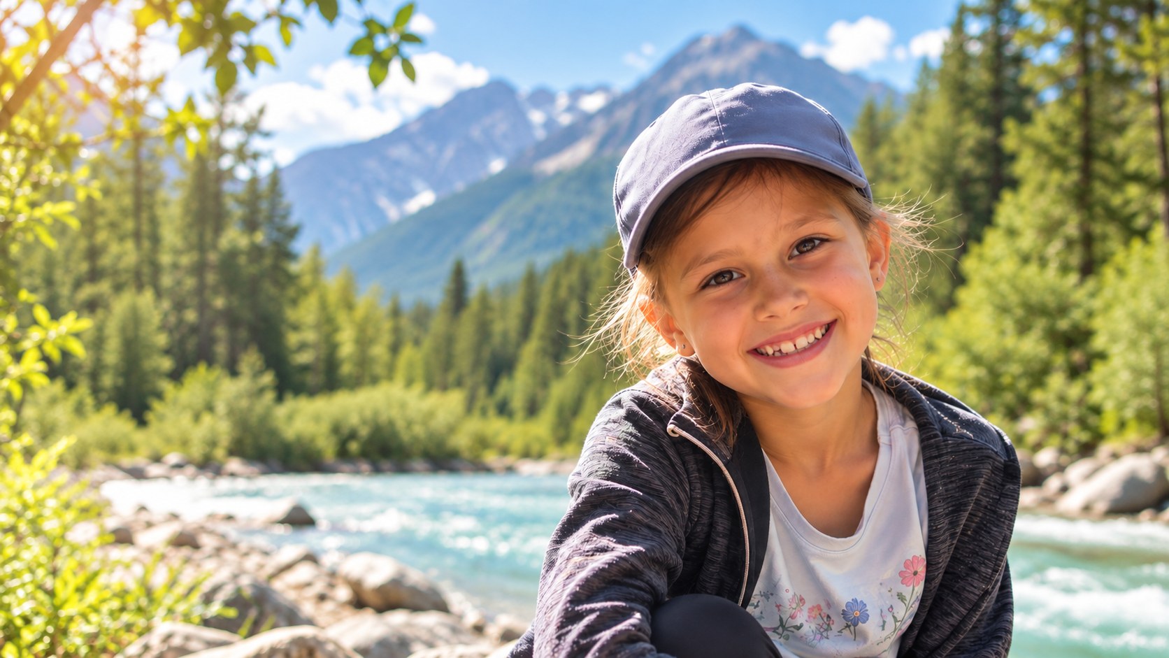 Lächelndes Kind mit Cap vor einem Bergsee